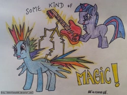 Size: 1024x766 | Tagged: safe, artist:666inflames666, rainbow dash, twilight sparkle, pegasus, pony, guitar, magic, traditional art