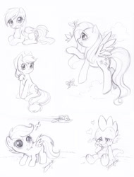 Size: 800x1051 | Tagged: safe, artist:chibi-jen-hen, derpibooru import, applejack, fluttershy, rainbow dash, scootaloo, spike, dragon, earth pony, pegasus, pony, sketch