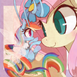 Size: 1000x995 | Tagged: safe, artist:kolshica, fluttershy, rainbow dash, breezie, pony, it ain't easy being breezies, breeziefied, eye contact, female, flower, flower in hair, looking at each other, mare, rainbow breez, size difference, smiling, smoldash, species swap, tiny ponies