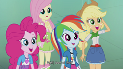 Size: 1280x720 | Tagged: safe, derpibooru import, screencap, applejack, fluttershy, pinkie pie, rainbow dash, equestria girls, player piano, rainbow rocks, boots, clothes, high heel boots, skirt, socks, subtitles