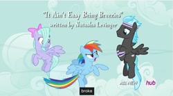 Size: 855x471 | Tagged: safe, screencap, flitter, rainbow dash, pegasus, pony, it ain't easy being breezies, female, flying, hub logo, male, mare, meme, stallion, thunderclap, trio, youtube caption