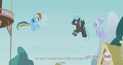 Size: 1152x609 | Tagged: safe, screencap, flitter, rainbow dash, pegasus, pony, it ain't easy being breezies, female, flying, hub logo, male, mare, meme, stallion, thunderclap, trio, wrong cutie mark, youtube caption