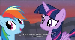 Size: 855x465 | Tagged: safe, screencap, rainbow dash, twilight sparkle, twilight sparkle (alicorn), alicorn, pegasus, pony, it ain't easy being breezies, female, mare, meme, youtube caption