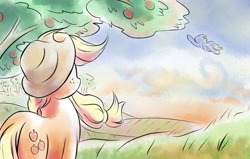 Size: 3280x2080 | Tagged: safe, artist:viwrastupr, derpibooru import, applejack, rainbow dash, earth pony, pegasus, pony, female, flying, hat, mare, scenery, sweet apple acres