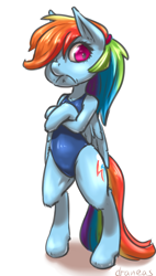 Size: 550x965 | Tagged: safe, artist:draneas, rainbow dash, pegasus, pony, semi-anthro, bipedal, clothes, female, frown, looking at you, mare, one-piece swimsuit, school swimsuit, simple background, solo, swimsuit, tsunderainbow, tsundere, white background