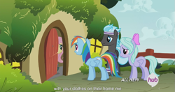 Size: 1151x609 | Tagged: safe, screencap, flitter, fluttershy, rainbow dash, pegasus, pony, it ain't easy being breezies, female, hub logo, male, mare, meme, stallion, thunderclap, youtube caption