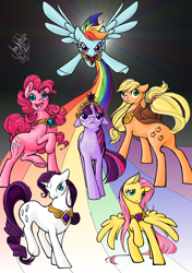 Size: 1634x2319 | Tagged: safe, artist:soranoryu, derpibooru import, applejack, fluttershy, pinkie pie, rainbow dash, rarity, twilight sparkle, earth pony, pegasus, pony, unicorn, elements of harmony, jewelry, mane six, regalia