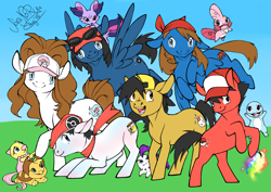 Size: 3504x2482 | Tagged: safe, artist:soranoryu, derpibooru import, applejack, fluttershy, pinkie pie, rainbow dash, rarity, twilight sparkle, earth pony, pegasus, pony, unicorn, bandana, charmander, chikorita, crossover, female, fennekin, hat, male, mane six, mare, mudkip, oshawott, pokefied, pokémon, ponified, rainbow fire, species swap, stallion, turtwig