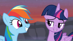 Size: 1280x720 | Tagged: safe, screencap, rainbow dash, twilight sparkle, twilight sparkle (alicorn), alicorn, pegasus, pony, it ain't easy being breezies, female, lidded eyes, mare, out of context