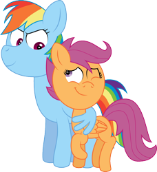 Size: 692x758 | Tagged: safe, artist:derpiluv, rainbow dash, scootaloo, pegasus, pony, big head, hug, wings