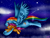 Size: 1024x780 | Tagged: safe, artist:amberony, rainbow dash, scootaloo, pegasus, pony, flying, night, scootalove, stars