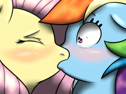 Size: 1024x768 | Tagged: safe, artist:citrine-cat, fluttershy, rainbow dash, pegasus, pony, blushing, female, flutterdash, kissing, lesbian, shipping