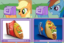 Size: 1125x767 | Tagged: safe, derpibooru import, applejack, rainbow dash, earth pony, pegasus, pony, cool ranch, doritos, doritos locos tacos, exploitable meme, nacho cheese, taco, taco bell, taco bell dorito shell, tv meme