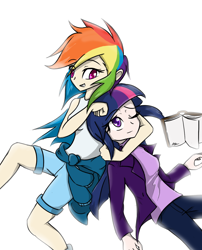 Size: 1240x1535 | Tagged: safe, artist:mrasianhappydude, rainbow dash, twilight sparkle, human, book, humanized, noogie, simple background