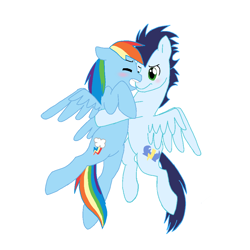 Size: 1000x1000 | Tagged: safe, artist:liseli20002002, derpibooru import, rainbow dash, soarin', pegasus, pony, colored, female, hug, male, shipping, simple background, soarindash, straight, white background