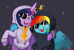 Size: 1302x877 | Tagged: safe, artist:xenon, rainbow dash, twilight sparkle, twilight sparkle (alicorn), alicorn, pegasus, pony, bling, clothes, duo, female, gangsta, hoodie, mare, piercing, tongue out, twilightlicious