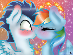 Size: 665x506 | Tagged: safe, artist:selenedalune, derpibooru import, rainbow dash, soarin', pegasus, pony, blushing, female, kissing, male, shipping, soarindash, straight, surprise kiss