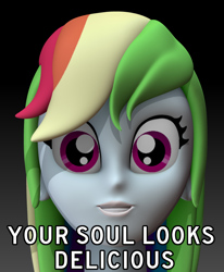 Size: 700x850 | Tagged: safe, artist:harikon, rainbow dash, equestria girls, 3d, do not want, image macro, looking at you, meme, nightmare fuel, solo, text edit, uncanny valley, wat, your soul looks delicious