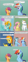 Size: 850x1864 | Tagged: safe, artist:vanillaghosties, derpibooru import, bulk biceps, fluttershy, lightning dust, rainbow dash, scootaloo, spitfire, wind rider, pegasus, pony, comic, debate in the comments, dialogue, truth