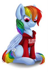 Size: 1600x2400 | Tagged: safe, artist:redember00, derpibooru import, rainbow dash, pegasus, pony, backwards cutie mark, clothes, harvard, solo, sweater