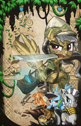 Size: 2502x3918 | Tagged: safe, artist:php60, daring do, doctor caballeron, rainbow dash, zecora, earth pony, pegasus, pony, zebra, daballeron, explosion, female, hat, indiana jones, knife, male, mare, movie poster, parody, plane, shipping, stallion, straight