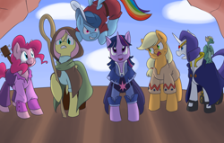 Size: 1100x700 | Tagged: safe, artist:goat train, derpibooru import, applejack, fluttershy, pinkie pie, rainbow dash, rarity, twilight sparkle, earth pony, pegasus, pony, unicorn, adventuring party, cave, clothes, costume, dungeons and dragons