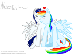 Size: 1024x768 | Tagged: safe, artist:garuuspike, rainbow dash, soarin', pegasus, pony, blushing, female, heart, male, shipping, soarindash, straight