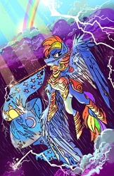 Size: 600x927 | Tagged: safe, artist:corrsollarobot, derpibooru import, rainbow dash, pegasus, pony, armor, badass, flag, mouth hold, rain, rainbow, solo, stormcloud