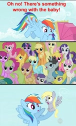 Size: 638x1050 | Tagged: safe, artist:themrpockets, derpibooru import, edit, edited screencap, screencap, applejack, berry punch, berryshine, cherry berry, daisy, derpy hooves, dizzy twister, flower wishes, fluttershy, lemon hearts, mare do well, neon lights, orange swirl, pinkie pie, rainbow dash, rarity, rising star, sassaflash, spring melody, sprinkle medley, tornado bolt, twilight sparkle, twinkleshine, warm front, earth pony, pegasus, pony, unicorn, the mysterious mare do well, baby, baby pony, comic, crowd, diaper, hub logo, hubble, screencap comic, the hub