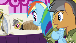 Size: 1920x1080 | Tagged: safe, derpibooru import, screencap, daring do, quibble pants, rainbow dash, pegasus, pony, stranger than fan fiction, body pillow, burrito, daring daki, food, frown, open mouth, rope, smiling, tied up, wide eyes