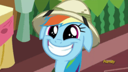 Size: 500x281 | Tagged: safe, derpibooru import, screencap, rainbow dash, pegasus, pony, stranger than fan fiction, animated, cute, dashabetes, discovery family logo, eye shimmer, floppy ears, grin, happy, smiling, solo, squee, weapons-grade cute