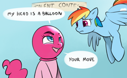 Size: 800x492 | Tagged: safe, artist:cobaltsnow, derpibooru import, pinkie pie, rainbow dash, earth pony, pegasus, pony, balloon, balloonhead, dialogue, your argument is invalid