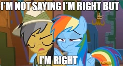 Size: 603x324 | Tagged: safe, derpibooru import, edit, edited screencap, screencap, daring do, rainbow dash, pegasus, pony, stranger than fan fiction, caption, faic, image macro, meme, smug, smugdash