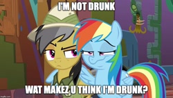 Size: 884x500 | Tagged: safe, derpibooru import, edit, edited screencap, screencap, daring do, rainbow dash, pegasus, pony, stranger than fan fiction, blatant lies, drunk, drunker dash, faic, image macro, meme, rainbow dash is best facemaker