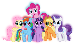 Size: 1155x691 | Tagged: safe, artist:theshadowstone, derpibooru import, applejack, fluttershy, pinkie pie, rainbow dash, rarity, twilight sparkle, twilight sparkle (alicorn), alicorn, earth pony, pegasus, pony, unicorn, female, glow, happy, mane six, mare, simple background, smiling, transparent background, vector