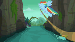 Size: 500x281 | Tagged: safe, derpibooru import, screencap, quibble pants, rainbow dash, pegasus, pony, stranger than fan fiction, animated, discovery family logo, rope, tree, waterfall