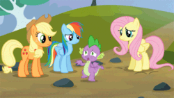 Size: 500x281 | Tagged: safe, derpibooru import, applejack, fluttershy, rainbow dash, spike, dragon, earth pony, pegasus, pony, spike at your service, animated