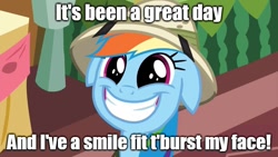 Size: 889x500 | Tagged: safe, derpibooru import, edit, edited screencap, screencap, rainbow dash, pegasus, pony, stranger than fan fiction, caption, cute, dashabetes, floppy ears, grin, image macro, meme, smiling, solo, squee