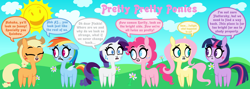 Size: 8400x3000 | Tagged: safe, artist:dewlshock, derpibooru import, applejack, fluttershy, pinkie pie, rainbow dash, rarity, twilight sparkle, earth pony, pegasus, pony, unicorn, flower, mane six, pretty pretty pegasus, speech bubble, style emulation, sun, teen titans go