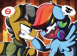 Size: 2200x1600 | Tagged: safe, artist:therandomjoyrider, derpibooru import, quibble pants, rainbow dash, pegasus, pony, stranger than fan fiction, argument, fangs, gritted teeth, spread wings