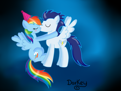 Size: 1600x1200 | Tagged: safe, artist:twilightsparkle2000, rainbow dash, soarin', pegasus, pony, blushing, female, hat, kissing, male, old cutie mark, party hat, shipping, soarindash, spread wings, straight