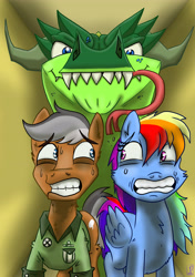 Size: 3541x5016 | Tagged: safe, artist:dinodraketakethecake, derpibooru import, quibble pants, rainbow dash, cipactli, pegasus, pony, stranger than fan fiction, frightened, gritted teeth, scene interpretation