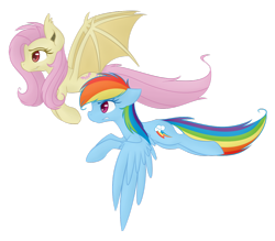 Size: 1024x899 | Tagged: safe, artist:felcia, fluttershy, rainbow dash, bat pony, pony, bats!, flutterbat, race swap