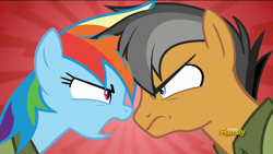 Size: 1366x768 | Tagged: safe, derpibooru import, screencap, quibble pants, rainbow dash, pegasus, pony, stranger than fan fiction, angry, discovery family logo