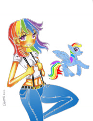 Size: 900x1166 | Tagged: safe, artist:bavarell, rainbow dash, human, belly button, humanized, midriff, suspenders