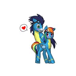 Size: 1000x1000 | Tagged: safe, artist:liseli20002002, derpibooru import, rainbow dash, soarin', pegasus, pony, blushing, clothes, female, male, shipping, simple background, soarindash, straight, white background, wonderbolts uniform