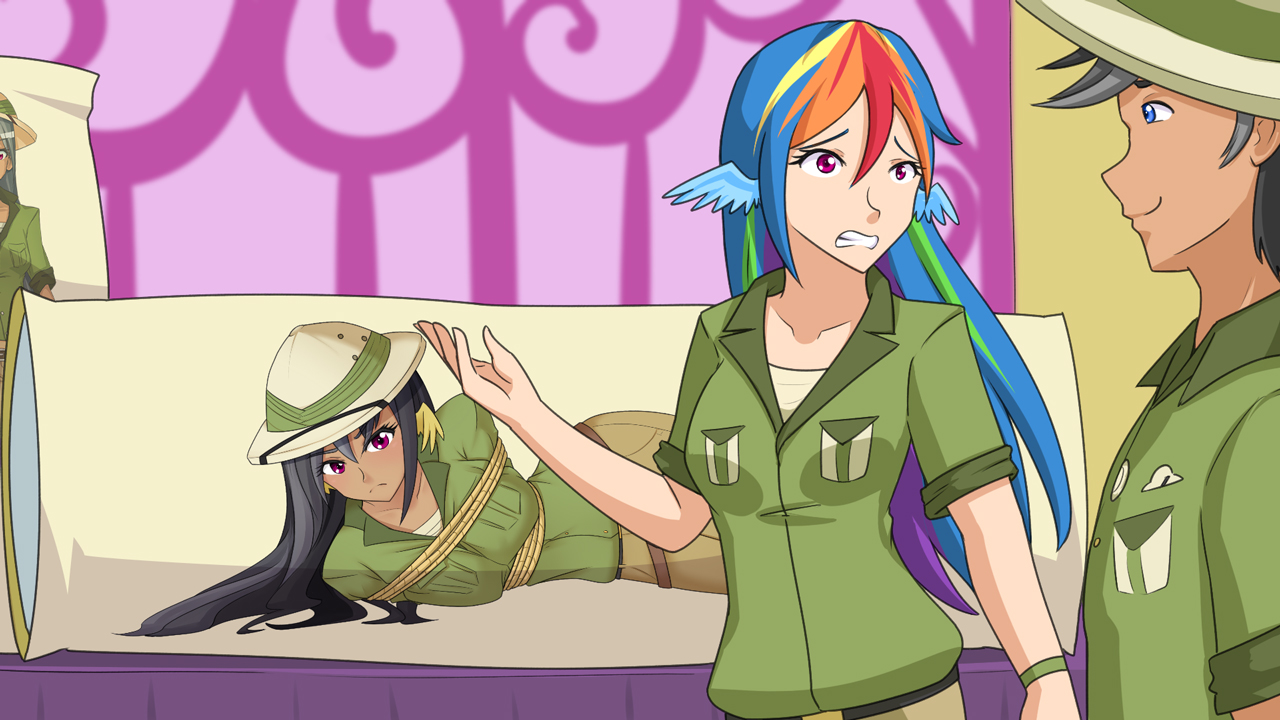 675015 - safe, artist:jonfawkes, derpibooru import, daring do, quibble  pants, rainbow dash, human, stranger than fan fiction, body pillow,  bondage, clothes, daring daki, female, hat, humanized, male, rope, scene  interpretation, shirt, tied