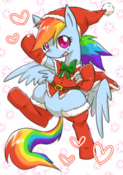 Size: 496x700 | Tagged: safe, artist:rairarai, rainbow dash, pegasus, pony, clothes, explicit source, featureless crotch, pixiv, santa costume, solo