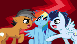 Size: 822x476 | Tagged: safe, artist:golden-harmony, derpibooru import, quibble pants, rainbow dash, soarin', pegasus, pony, female, fight, love triangle, male, quibbledash, rainbow dash gets all the stallions, shipping, shipping war, soarindash, straight