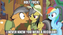 Size: 888x499 | Tagged: safe, derpibooru import, edit, edited screencap, screencap, daring do, quibble pants, rainbow dash, stranger than fan fiction, caption, discovery family logo, image macro, meme, recolor, vulgar